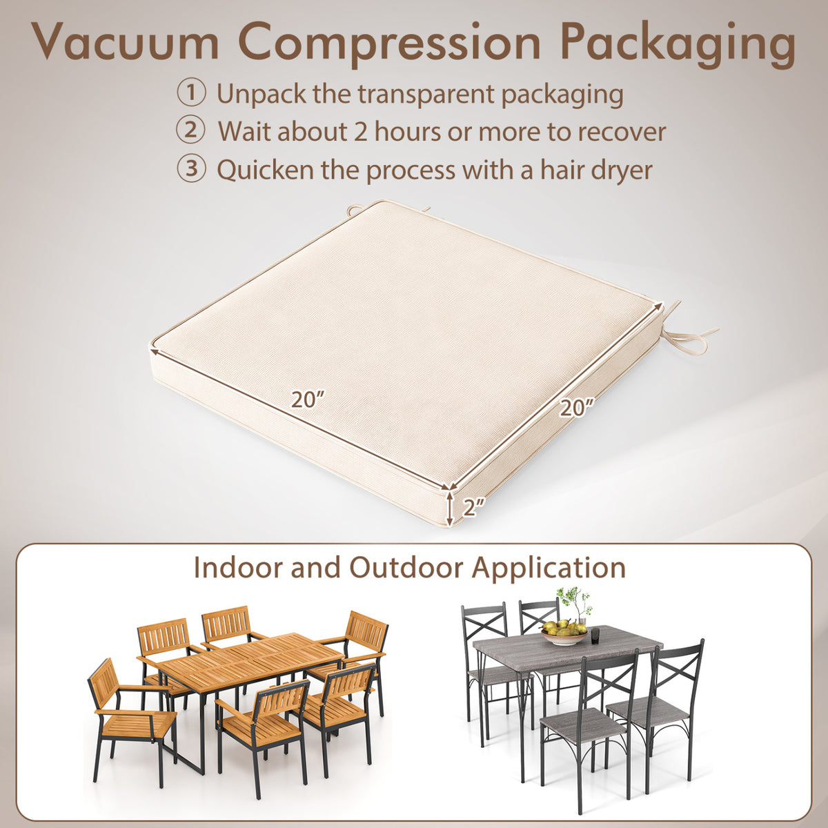 Outdoor Chair Cushion Set of 6 Waterproof Olefin Seat Cushions-Beige
