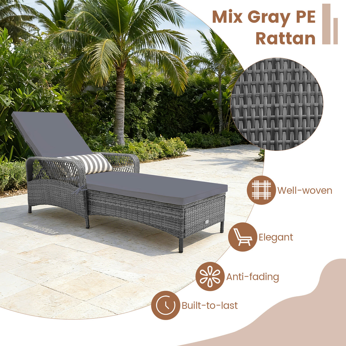 Outdoor Chaise Lounge Chair Patio Recliner with 6-level Backrest-Gray