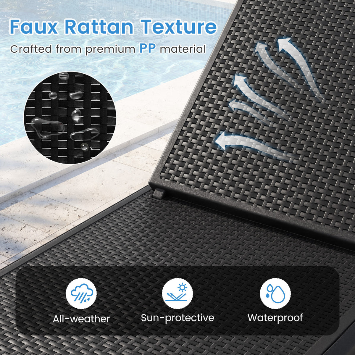 Outdoor Chaise Lounger Chair with Waterproof Rattan Textured PP Surface Set of 2-Black