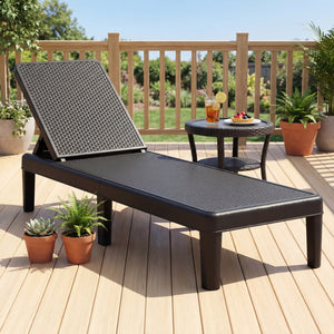 Outdoor Chaise Lounger Chair with Waterproof Rattan Textured PP Surface Set of 2-Black