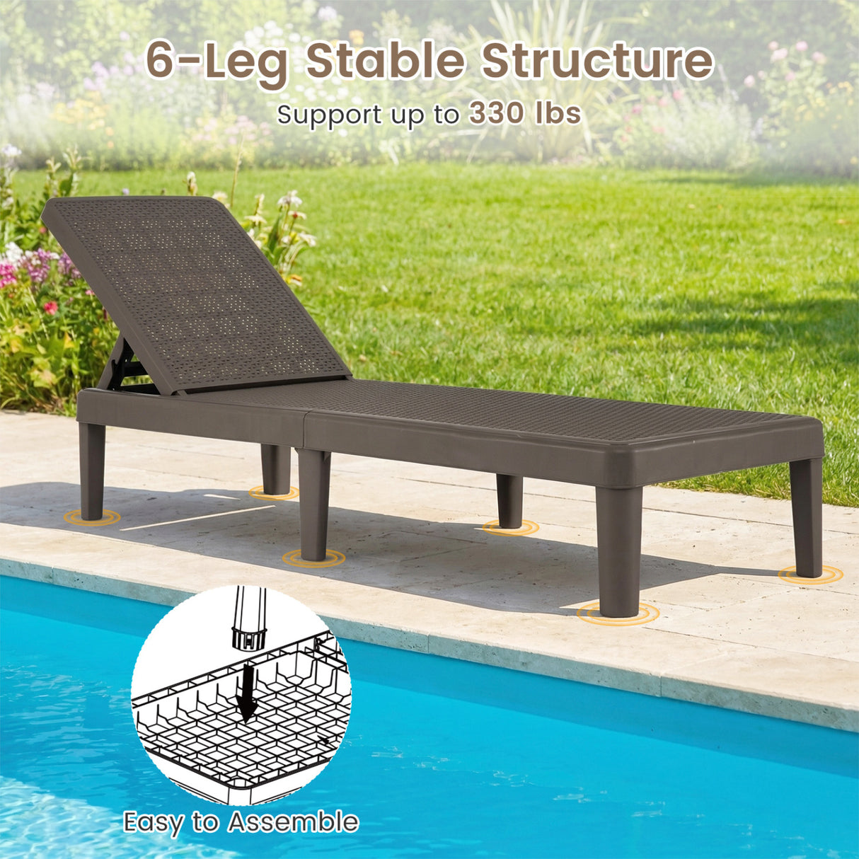 Outdoor Chaise Lounger Chair with Waterproof Rattan Textured PP Surface and 330 lbs Capacity-Brown