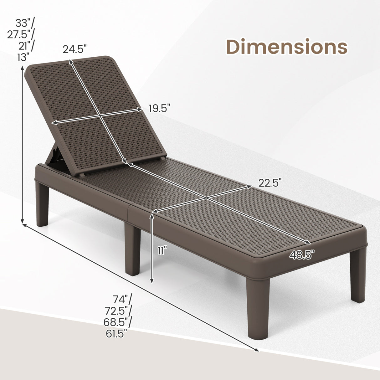Outdoor Chaise Lounger Chair with Waterproof Rattan Textured PP Surface and 330 lbs Capacity-Brown
