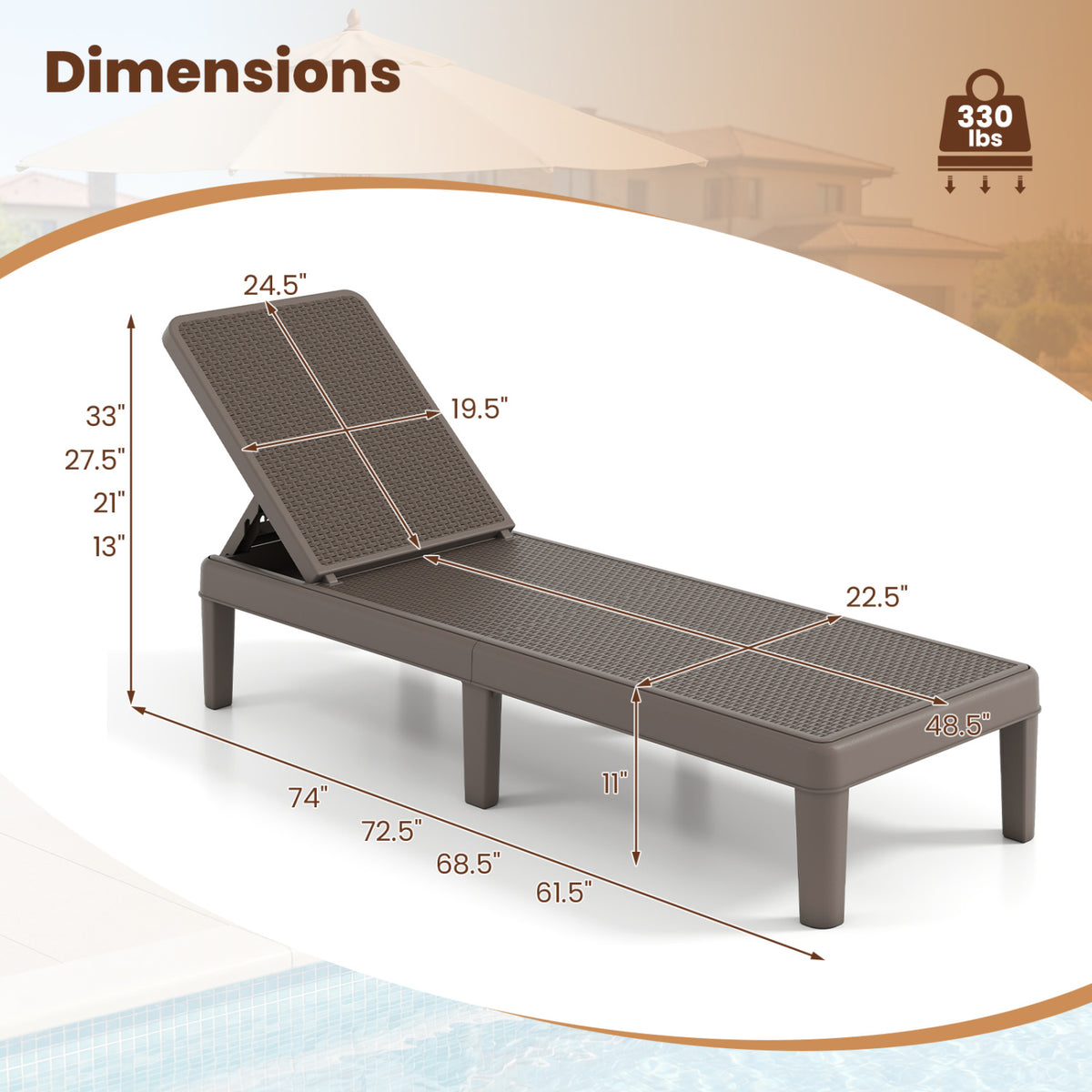 Outdoor Chaise Lounger Chair with Waterproof Rattan Textured PP Surface Set of 2-Brown