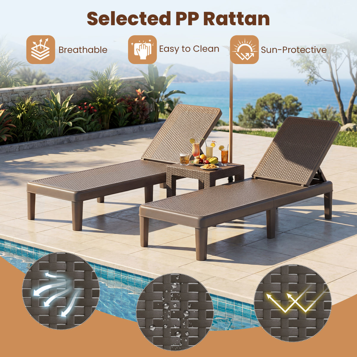 Outdoor Chaise Lounger Chair with Waterproof Rattan Textured PP Surface Set of 2-Brown