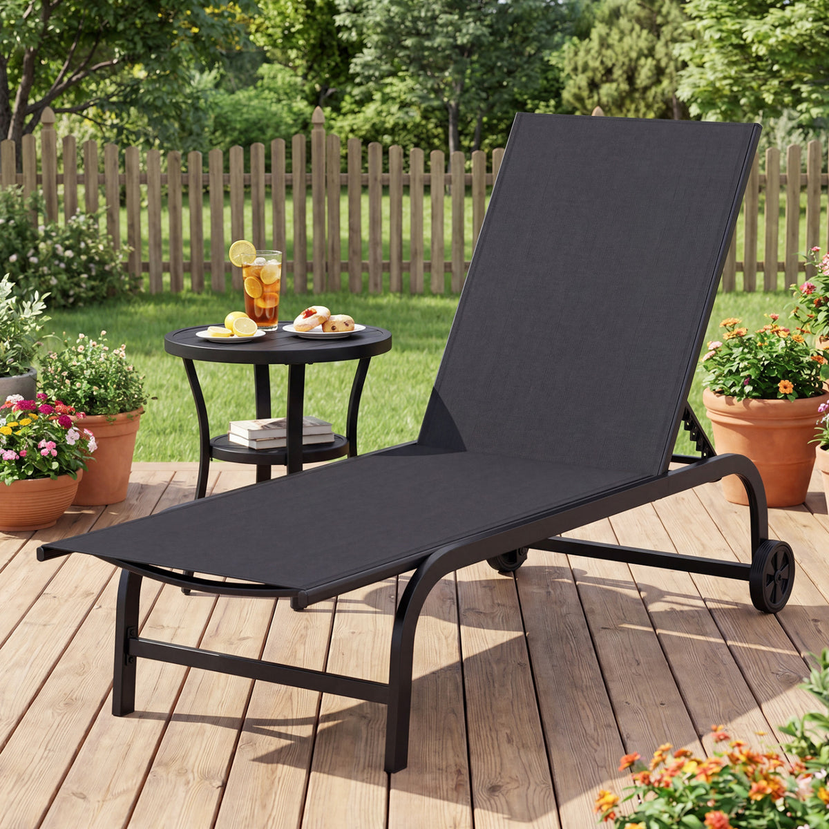 Outdoor Chaise Lounge Chair with Wheels and Metal Frame-Black