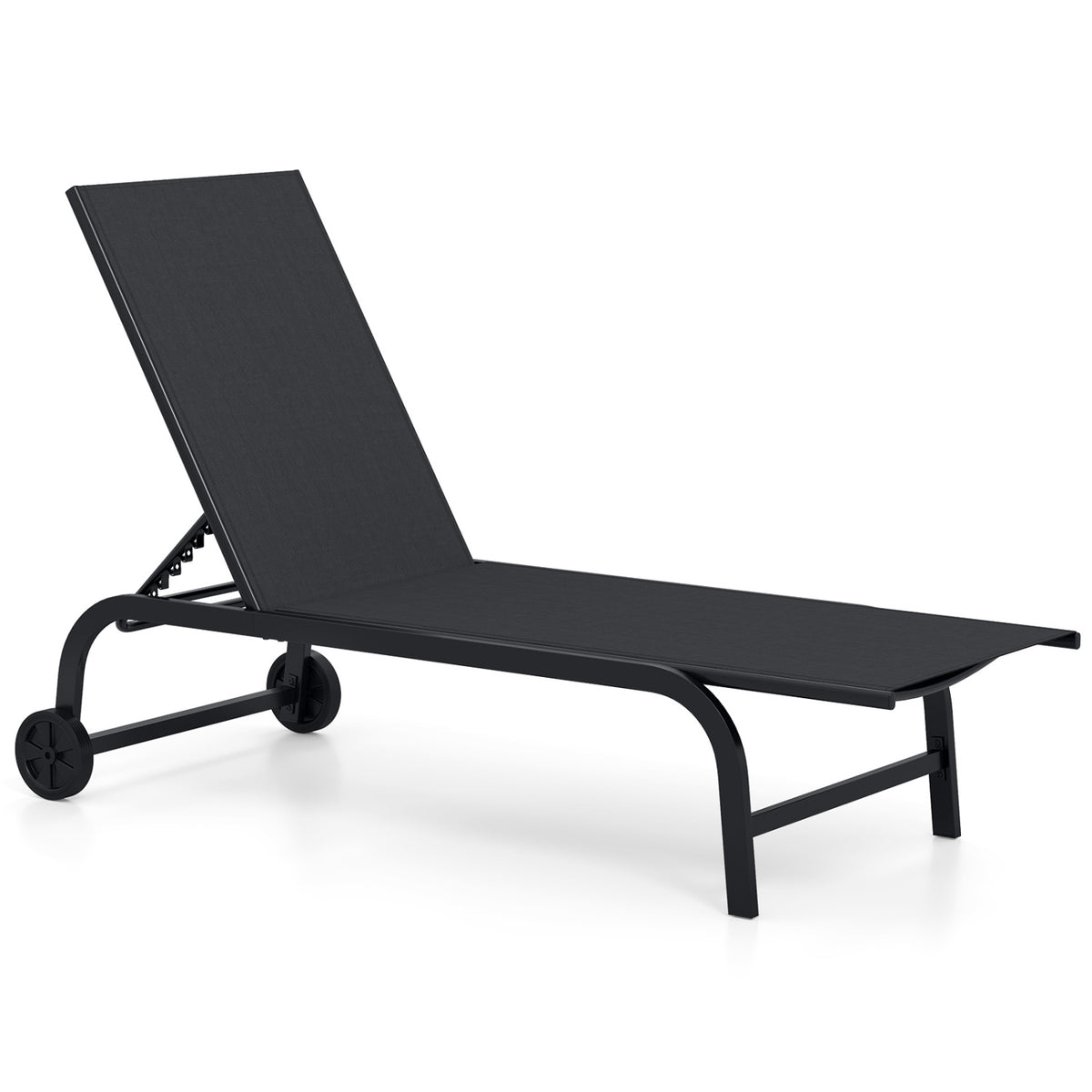 Outdoor Chaise Lounge Chair with Wheels and Metal Frame-Black