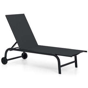 Outdoor Chaise Lounge Chair with Wheels and Metal Frame-Black