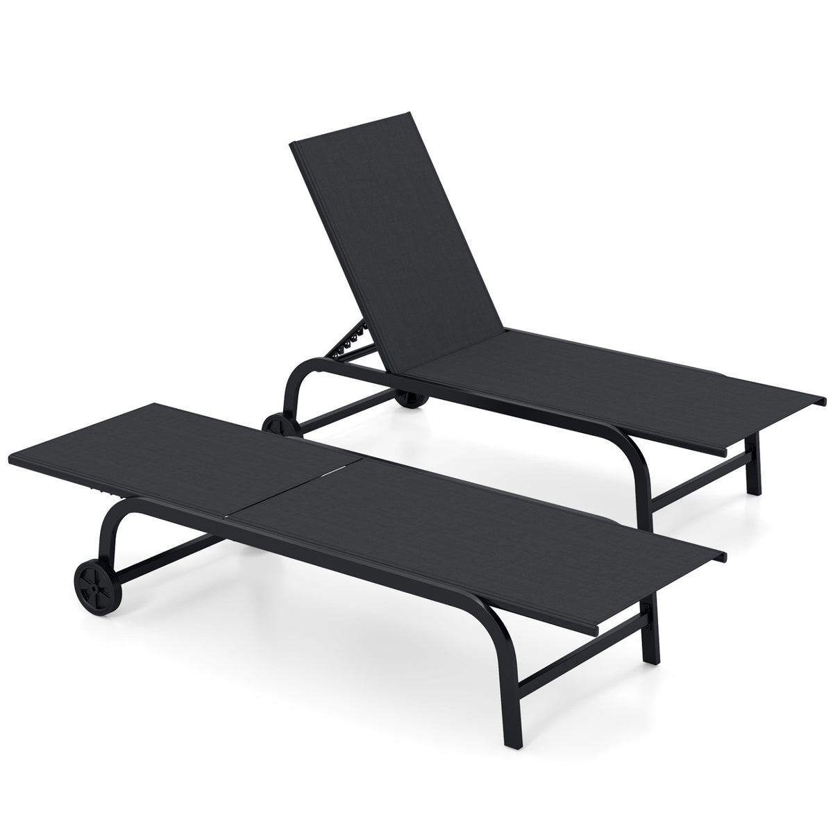 Outdoor Chaise Lounge Chair with Wheels and Metal Frame-Black