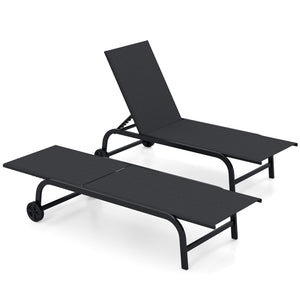 Outdoor Chaise Lounge Chair with Wheels and Metal Frame-Black