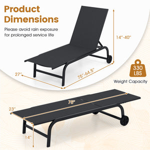 Outdoor Chaise Lounge Chair with Wheels and Metal Frame-Black