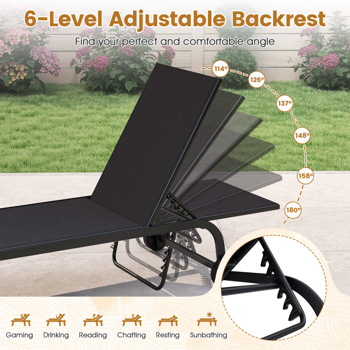 Outdoor Chaise Lounge Chair with Wheels and Metal Frame-Black