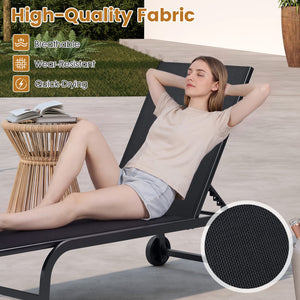 Outdoor Chaise Lounge Chair with Wheels and Metal Frame-Black