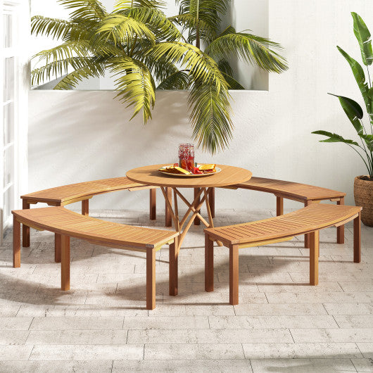 Outdoor Curved Acacia Wood Fire Pit Bench with Slatted Seat-Set of 2