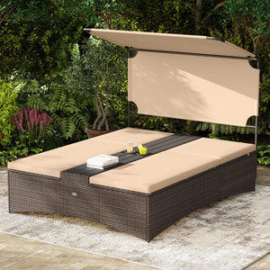 Outdoor Daybed with Adjustable Backrests 2-Person PE Rattan Patio Bed-Brown