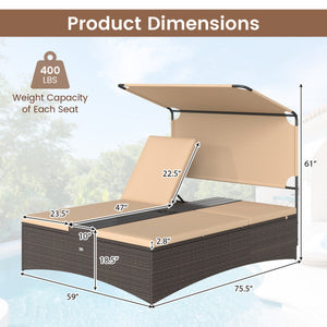 Outdoor Daybed with Adjustable Backrests 2-Person PE Rattan Patio Bed-Brown