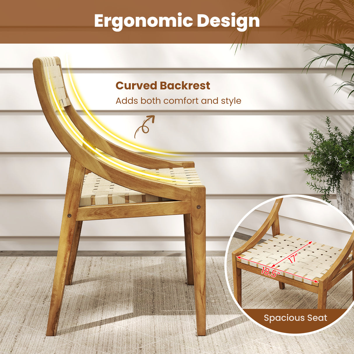 Outdoor Dining Chair with Webbing Seat and Backrest-Natural