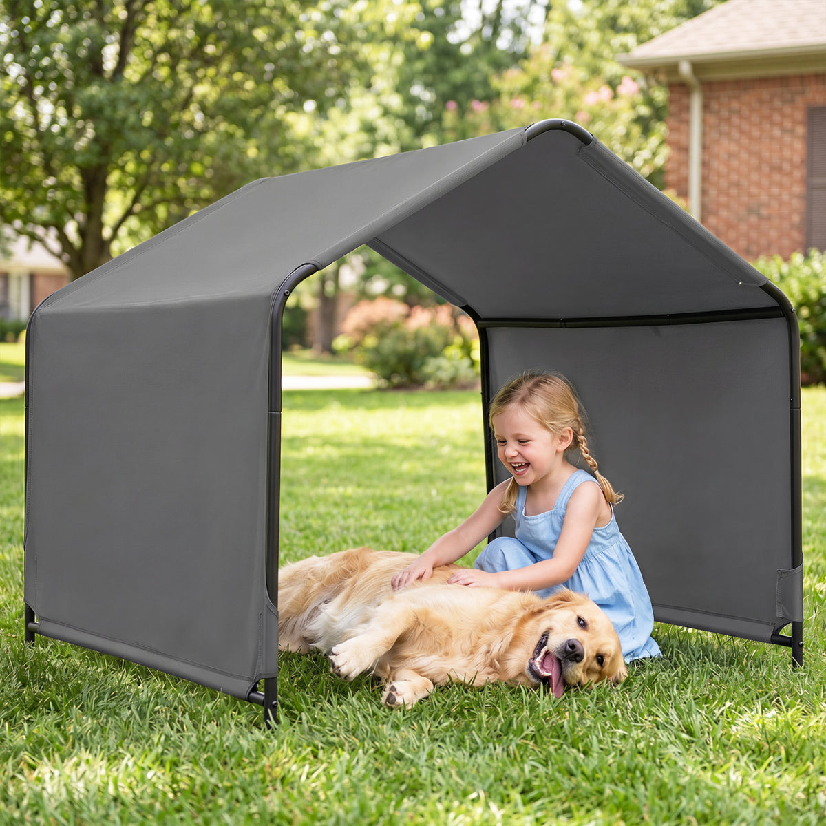 Outdoor Dog Shade Shelter with Waterproof Roof and Ground Stakes for Deck-Gray