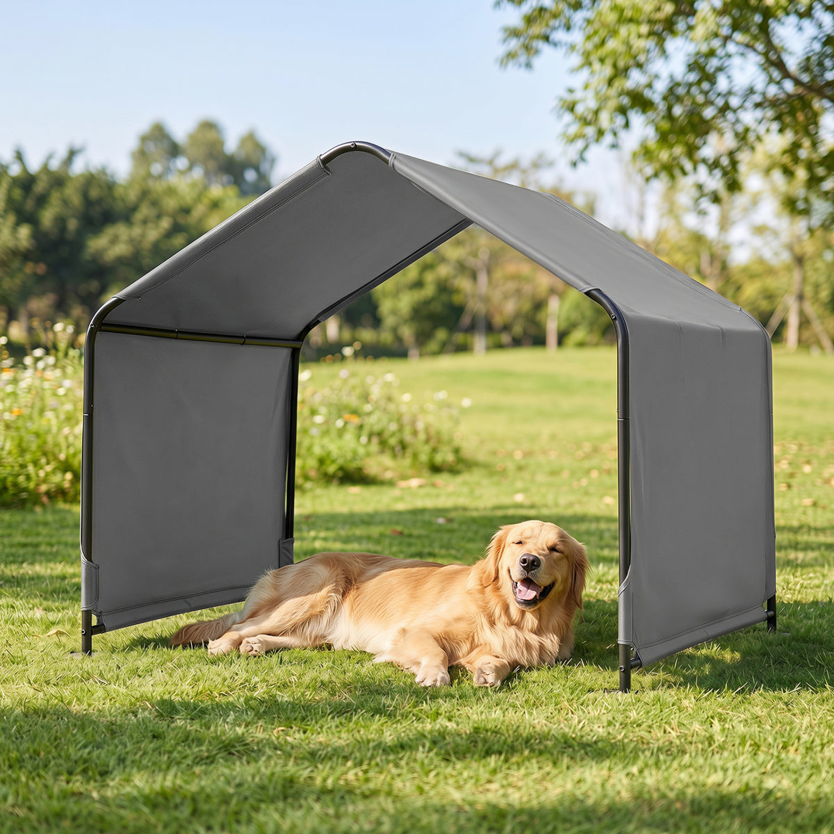 Outdoor Dog Shade Shelter with Waterproof Roof and Ground Stakes for Deck-Gray
