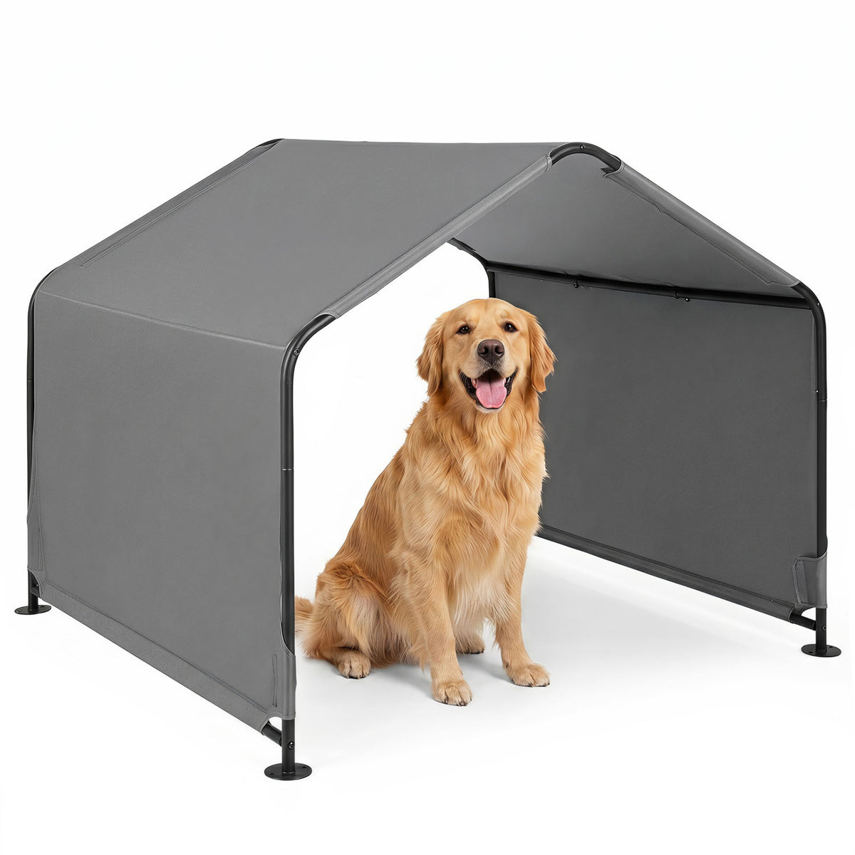 Outdoor Dog Shade Shelter with Waterproof Roof and Ground Stakes for Deck-Gray
