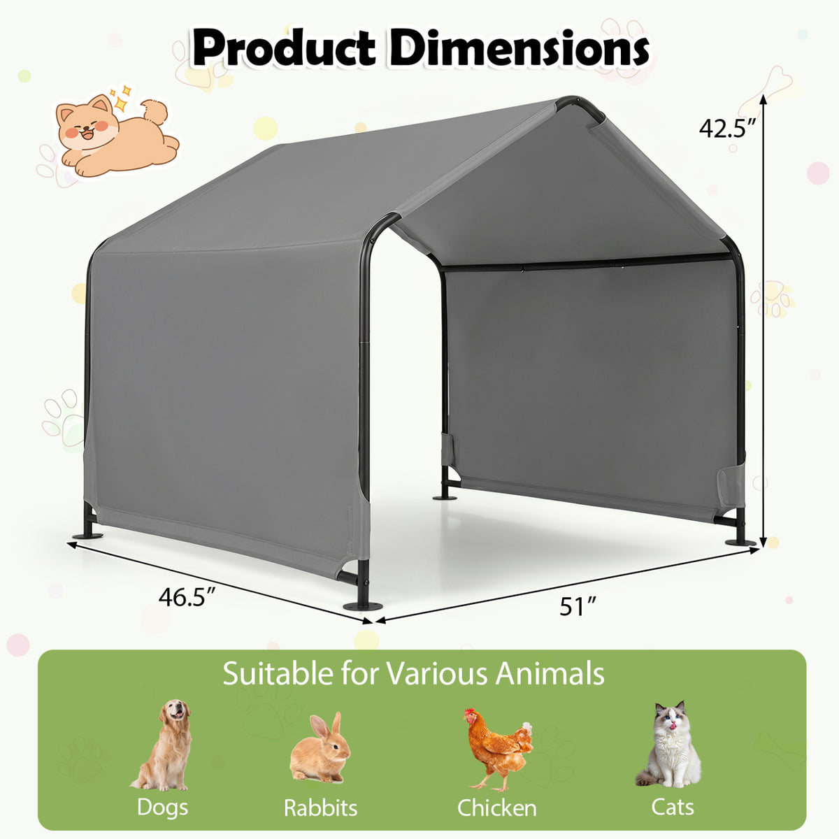 Outdoor Dog Shade Shelter with Waterproof Roof and Ground Stakes for Deck-Gray