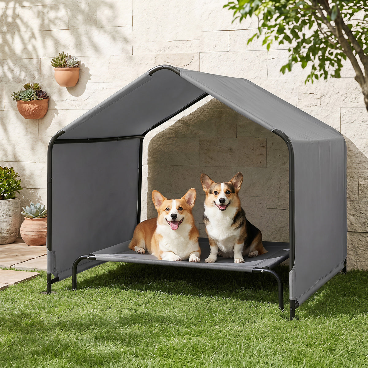 Outdoor Dog Shade Shelter with Waterproof Roof and Ground Stakes for Deck-Gray
