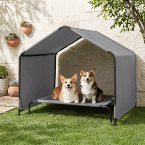Outdoor Dog Shade Shelter with Waterproof Roof and Ground Stakes for Deck-Gray