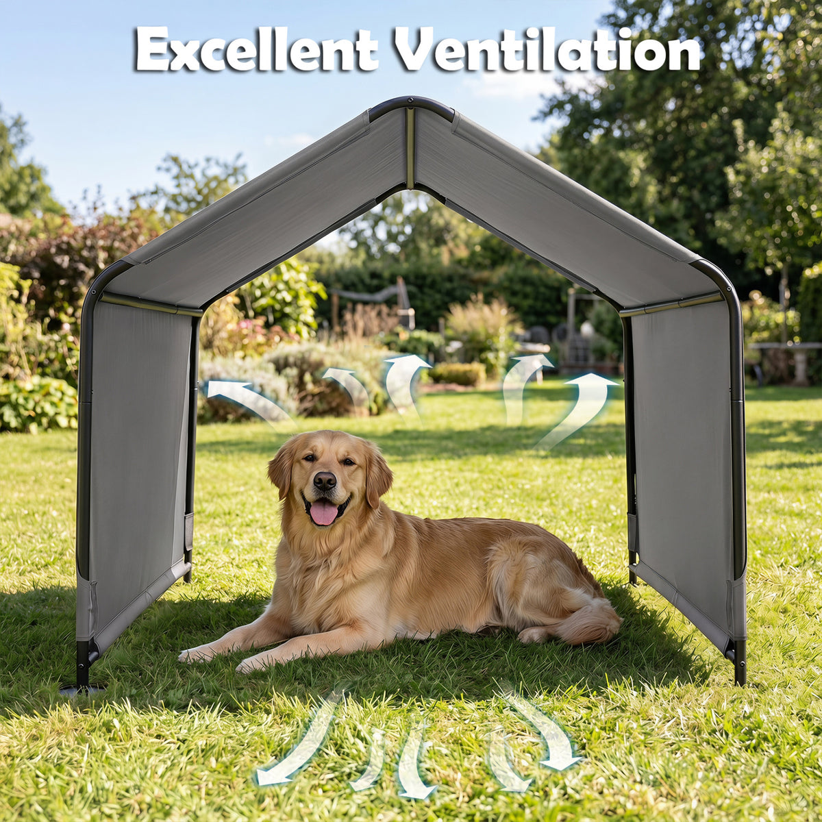 Outdoor Dog Shade Shelter with Waterproof Roof and Ground Stakes for Deck-Gray