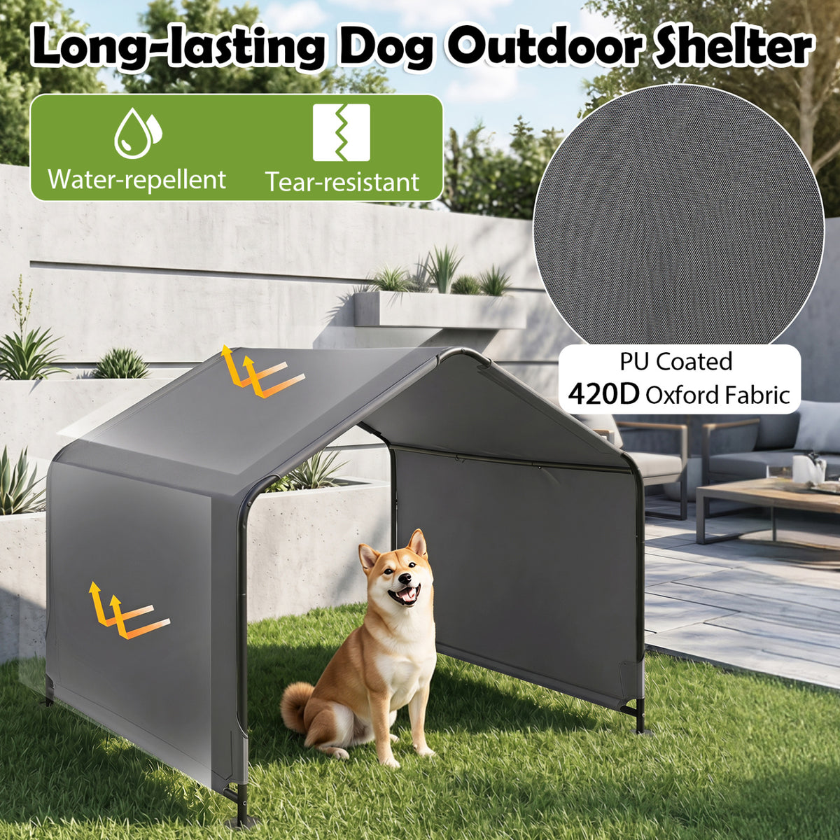 Outdoor Dog Shade Shelter with Waterproof Roof and Ground Stakes for Deck-Gray