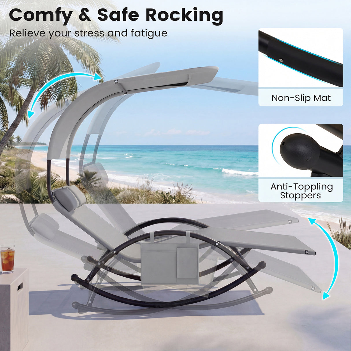 Outdoor Dual Rocker Sunbed 2-Person Canopied Patio Lounger with Detachable Headrests-Gray