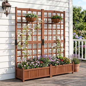 Outdoor Dual Wooden Raised Garden Bed with Trellis and Drainage Holes-Rustic Brown