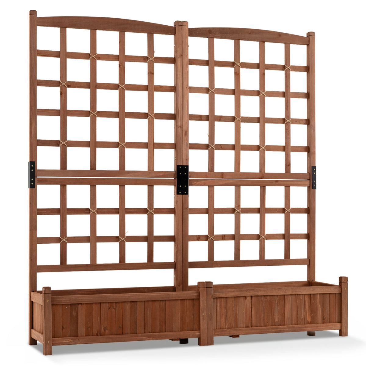 Outdoor Dual Wooden Raised Garden Bed with Trellis and Drainage Holes-Rustic Brown