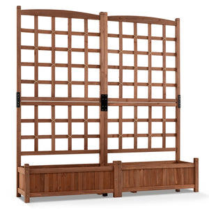 Outdoor Dual Wooden Raised Garden Bed with Trellis and Drainage Holes-Rustic Brown