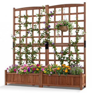 Outdoor Dual Wooden Raised Garden Bed with Trellis and Drainage Holes-Rustic Brown