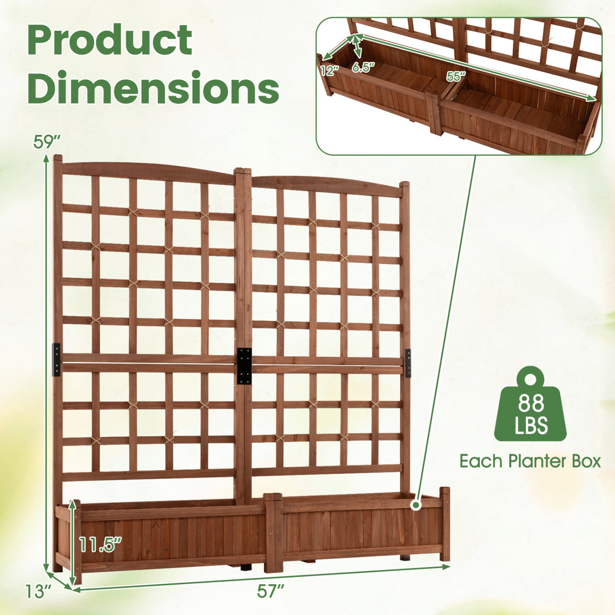 Outdoor Dual Wooden Raised Garden Bed with Trellis and Drainage Holes-Rustic Brown