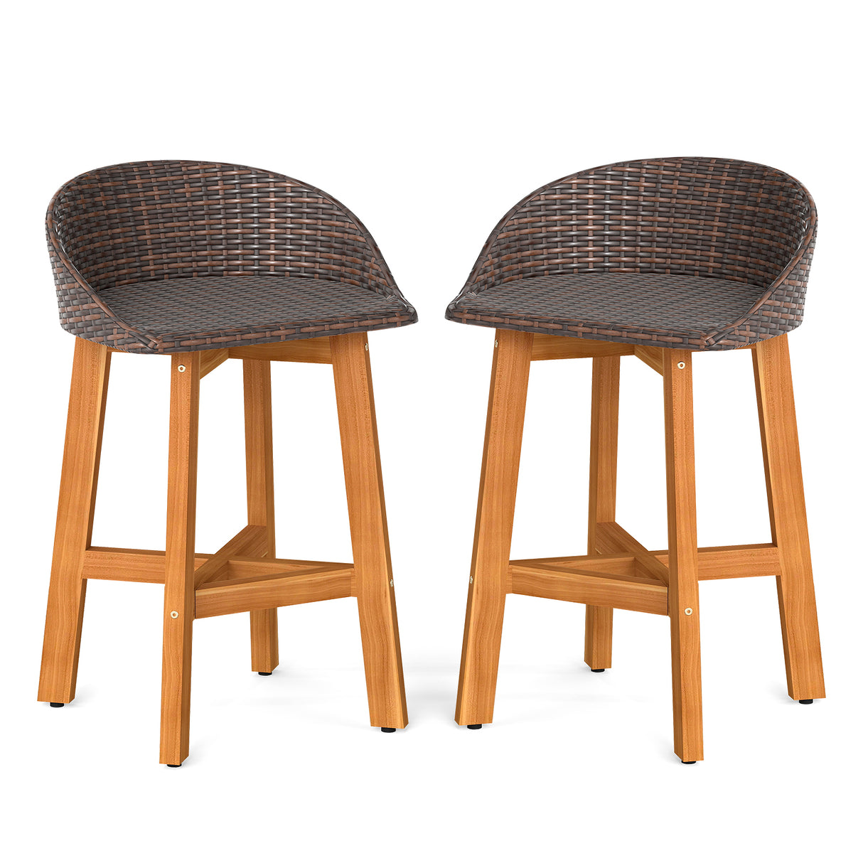 Outdoor Faux Rattan Bar Chairs Set of 2 with Ergonomic Backrests and Footrests-Brown