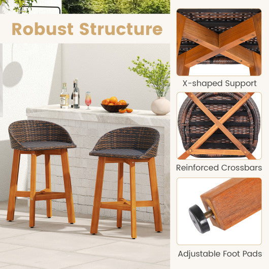 Outdoor Faux Rattan Bar Chairs Set of 2 with Ergonomic Backrests and Footrests-Brown