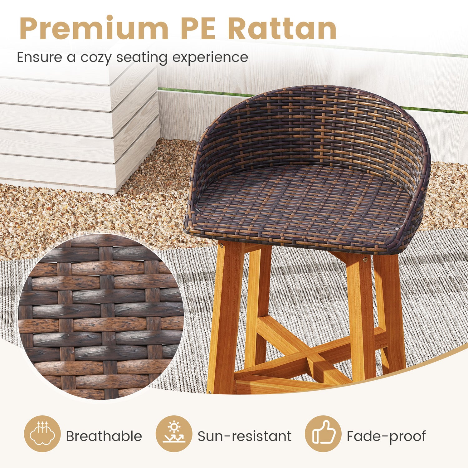 Outdoor Faux Rattan Bar Chairs Set of 2 with Ergonomic Backrests and Footrests-Brown