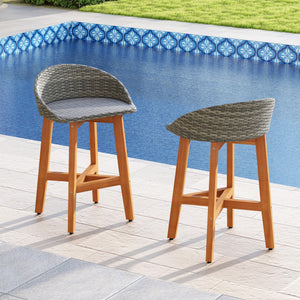 Outdoor Faux Rattan Bar Chairs Set of 2 with Ergonomic Backrests and Footrests-Gray