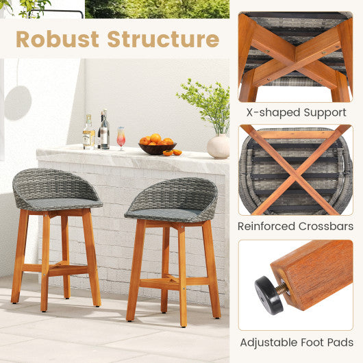 Outdoor Faux Rattan Bar Chairs Set of 2 with Ergonomic Backrests and Footrests-Gray