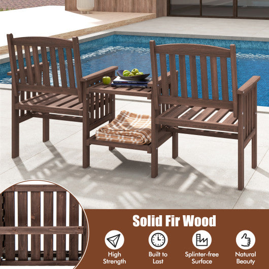 Outdoor Fir Wood Loveseat with 2-Tier Side Table and 1.96" Umbrella Hole-Coffee