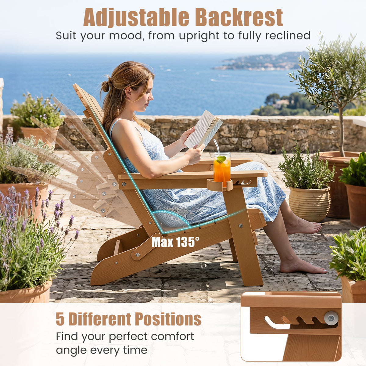Outdoor Folding Adirondack Chair with Cup Holder and 5-Level Backrest-Coffee