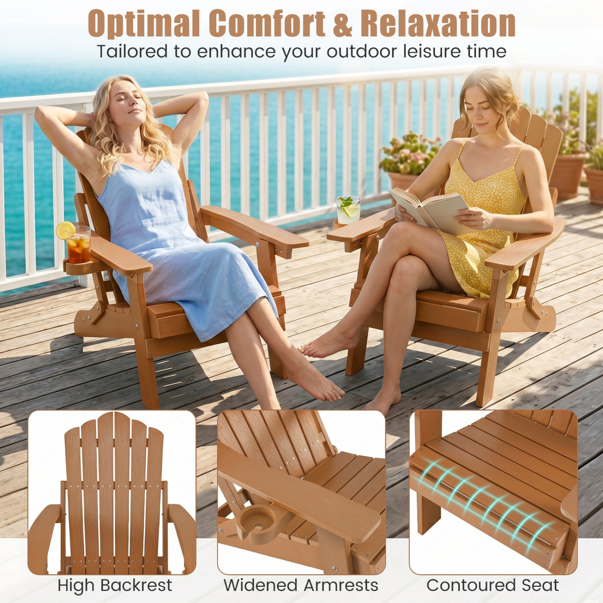 Outdoor Folding Adirondack Chair with Cup Holder and 5-Level Backrest-Coffee
