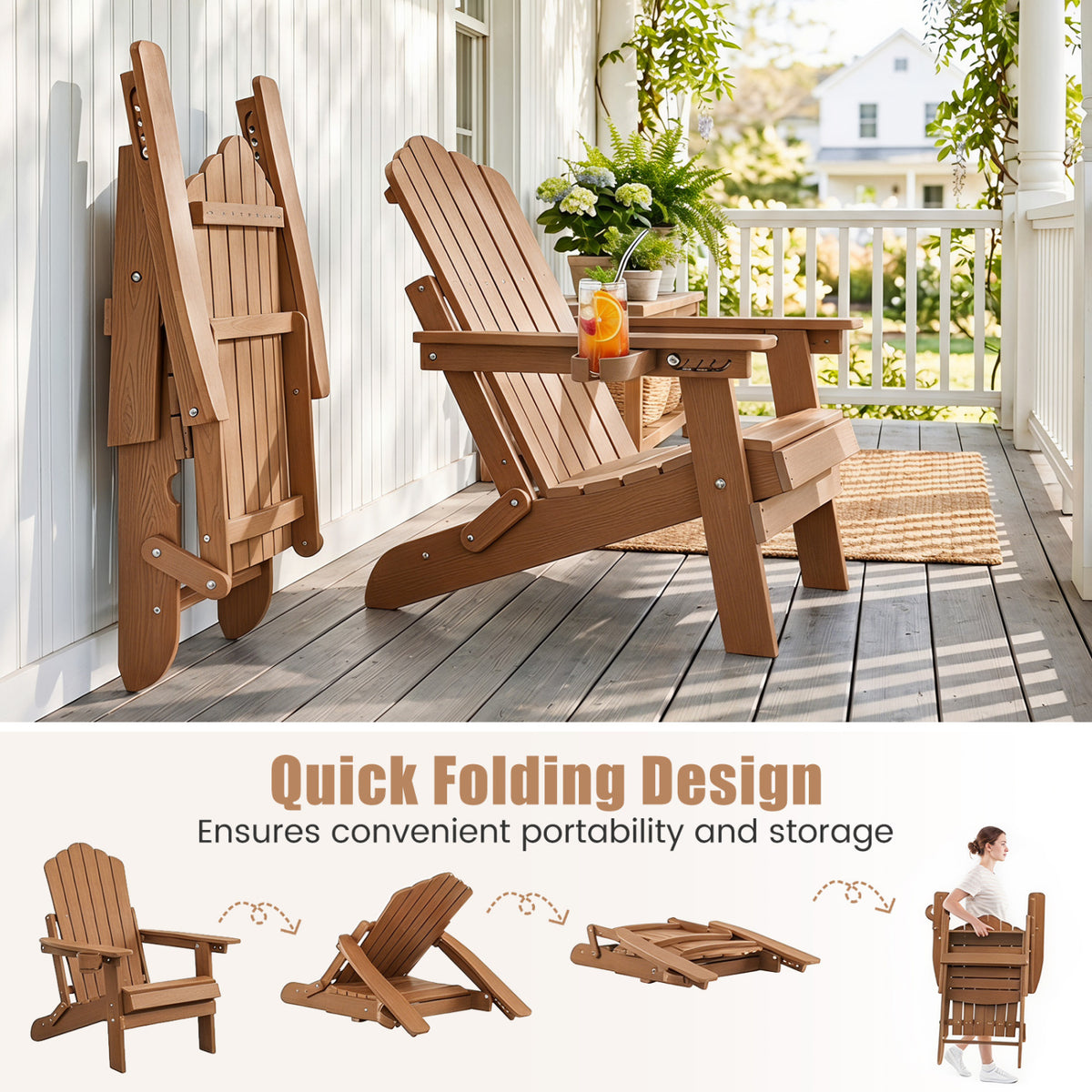 Outdoor Folding Adirondack Chair with Cup Holder and 5-Level Backrest-Coffee
