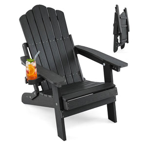 Outdoor Folding Adirondack Chair with Cup Holder and 5-Level Backrest-Black