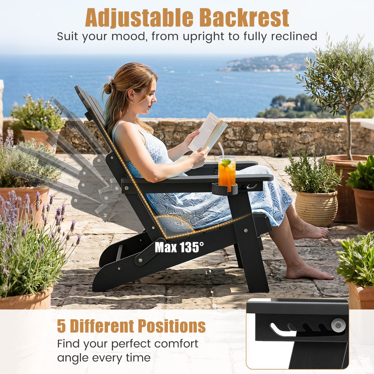 Outdoor Folding Adirondack Chair with Cup Holder and 5-Level Backrest-Black
