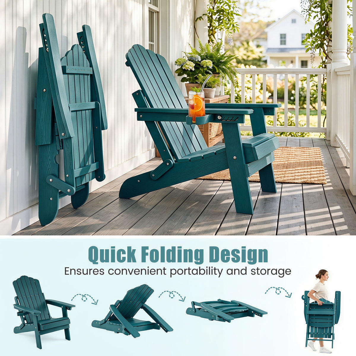 Outdoor Folding Adirondack Chair with Cup Holder and 5-Level Backrest-Green