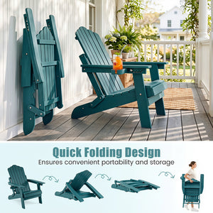 Outdoor Folding Adirondack Chair with Cup Holder and 5-Level Backrest-Green
