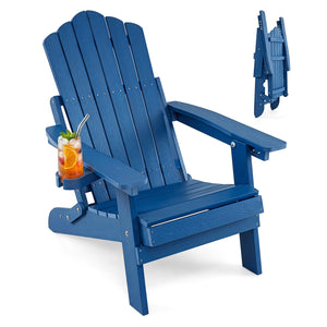 Outdoor Folding Adirondack Chair with Cup Holder and 5-Level Backrest-Navy