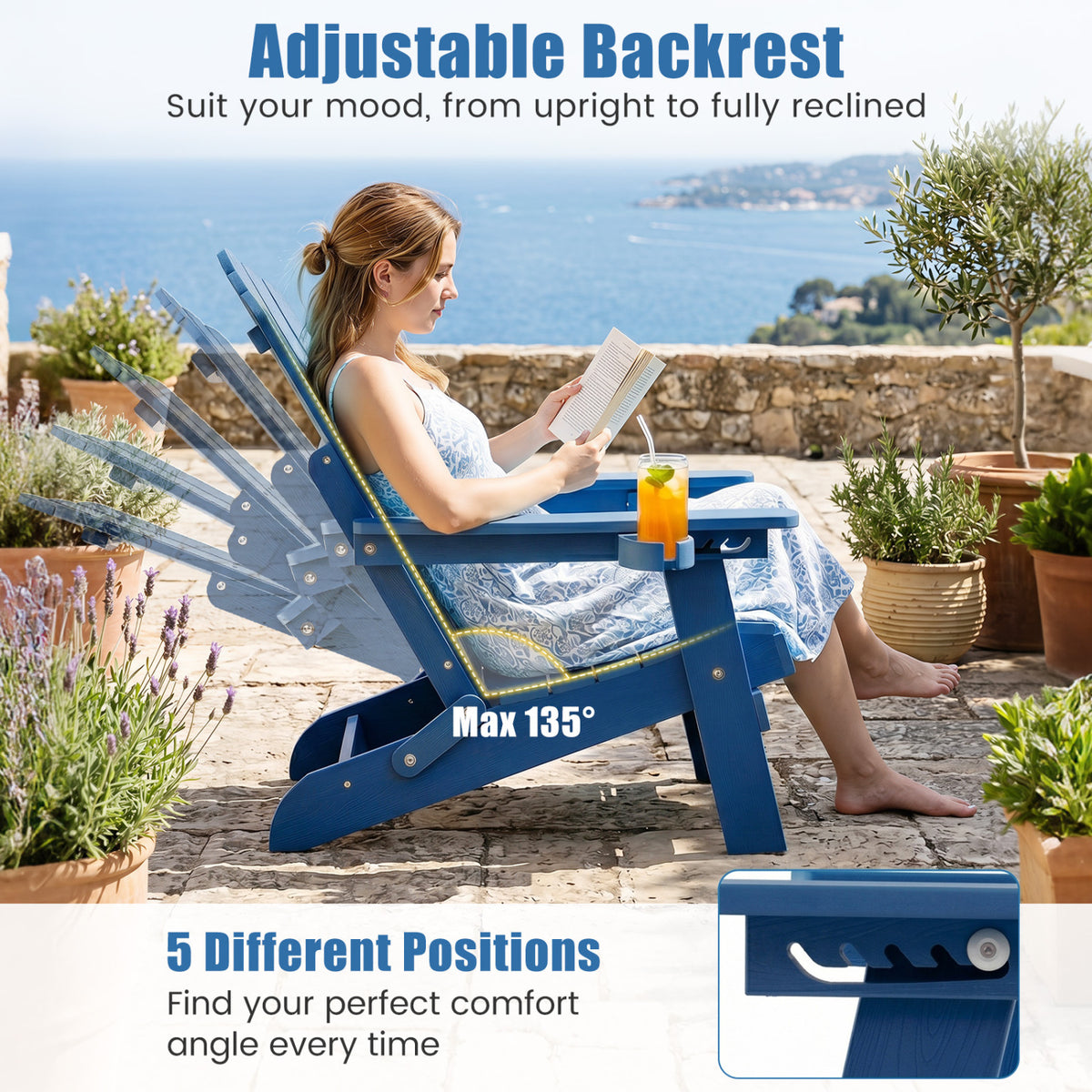 Outdoor Folding Adirondack Chair with Cup Holder and 5-Level Backrest-Navy