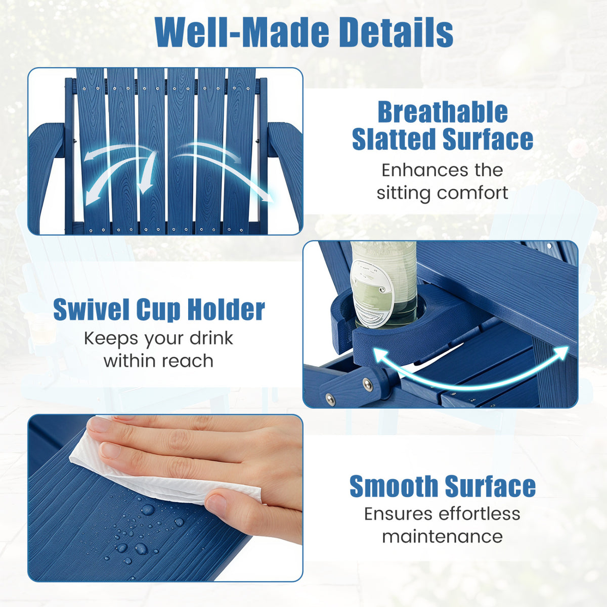 Outdoor Folding Adirondack Chair with Cup Holder and 5-Level Backrest-Navy